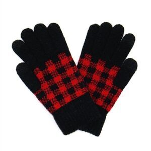 Winter Knitted Gloves Smart Touch Black & Red Buffalo Plaid